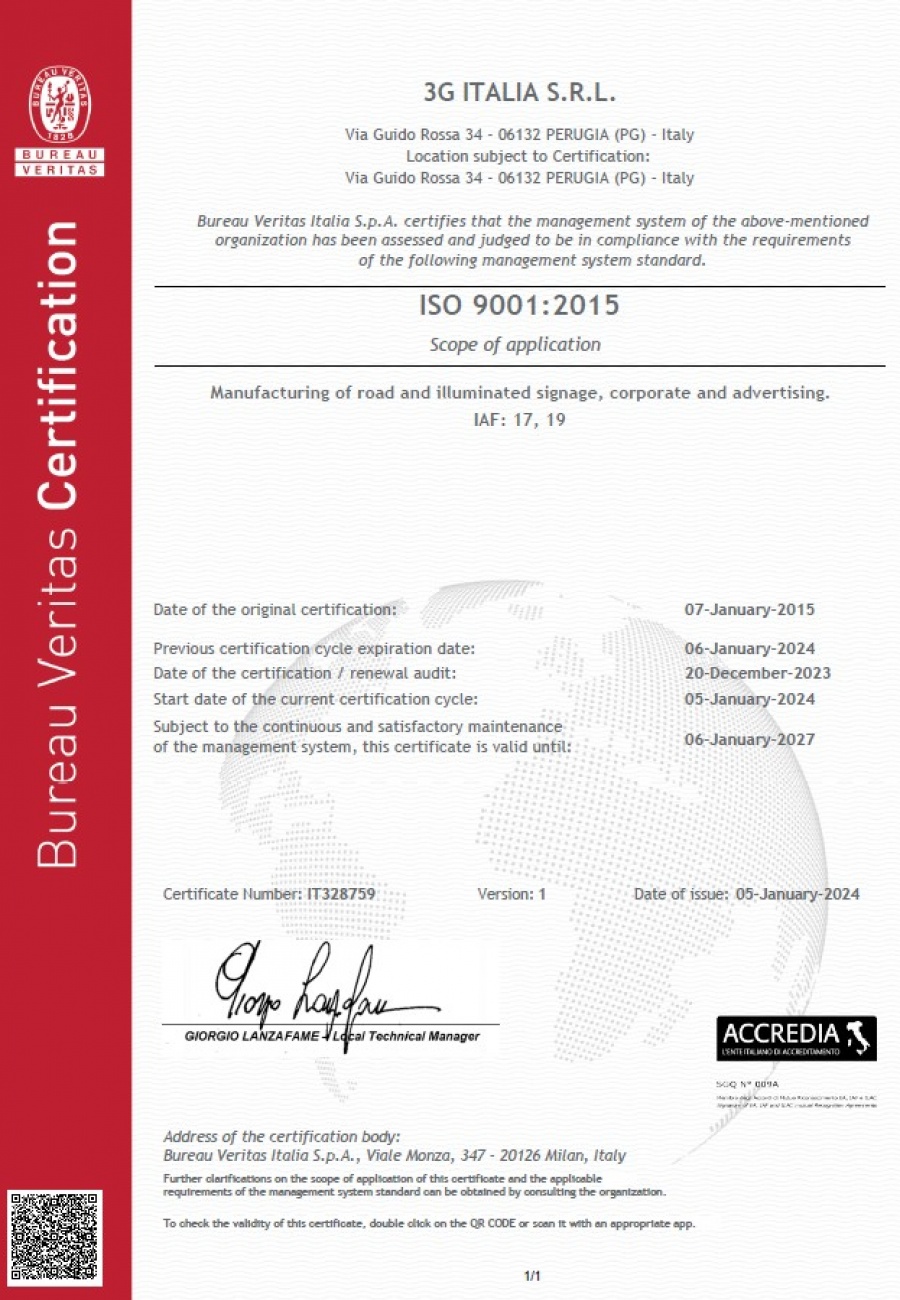 Certificate IT328759  3G ITALIA S.R.L 9001