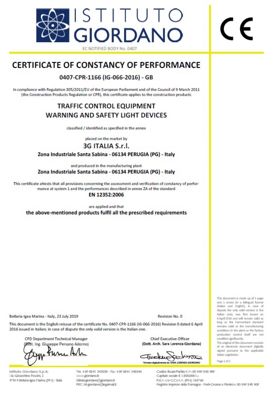 CERTIFICATE OF CONSTANCY OF PERFORMANCE
